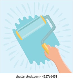 Vector cartoon illustration of paint roller with hand. Painted wall, repair, construction works