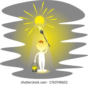 vector cartoon illustration of a painting man with a brush that paints the sun