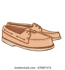 Vector Cartoon Illustration - Pair of Beige Suede Topsider Men Shoes on White Background