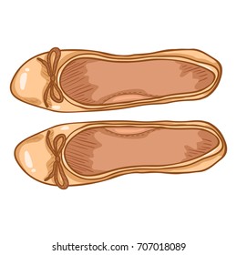 Vector Cartoon Illustration - Pair of Beige Suede Women Ballet Flats. Top View