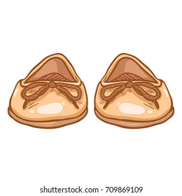 Vector Cartoon Illustration - Pair of Beige Suede Women Ballet Flats. Front View