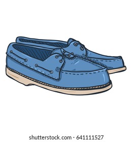 Vector Cartoon Illustration - Pair of Blue Denim Topsider Men Shoes on White Background