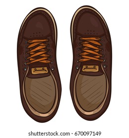 Vector Cartoon Illustration - Pair of Brown Skaters Shoes. Top View