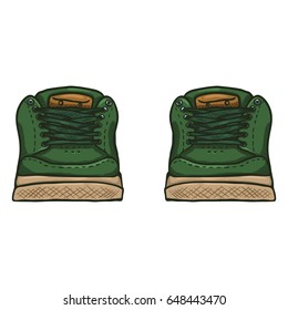 Vector Cartoon Illustration - Pair of Green Skaters Shoes. Front View