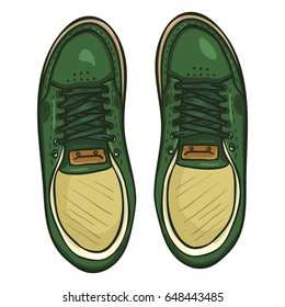 Vector Cartoon Illustration - Pair of Green Skaters Shoes. Top View