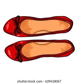 Vector Cartoon Illustration - Pair of Red Leather Women Ballet Flats. Top View