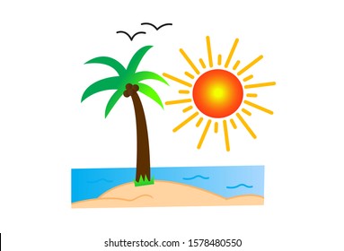 Vector cartoon illustration of palm tree and sun. Isolated on white background.