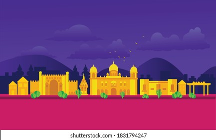 Vector cartoon illustration of the Panchkula skyline. Isolated on a colored background.