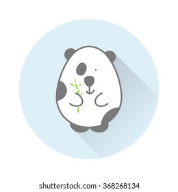 Vector cartoon illustration of panda bear with bamboo. Blue round background with long shadow. Flat style icon element for design. Cute  forest, wild animal
