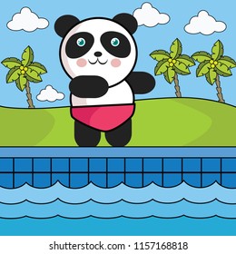 vector cartoon illustration of panda swimming on the pool. animal for kids and children