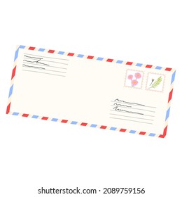 Vector cartoon illustration of a paper envelope with airmail stripes and stamps. The concept of the postal service. Isolated design on a white background.