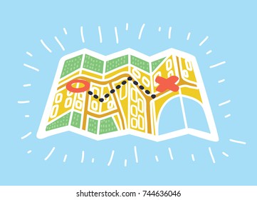 Vector cartoon illustration of paper maps in colorful modern style. Destination, route and start point