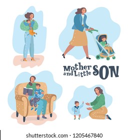Vector cartoon illustration of Cartoon parent motherhood daily routine activities set. Little boy goes for walk with mom. Child and mother give hugs, riding a book. Pram outdoor, toddler try to walk.
