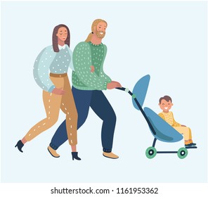 Vector cartoon illustration of parenthood. Happy young mother and father with the baby in the pram. Human characters on white background.