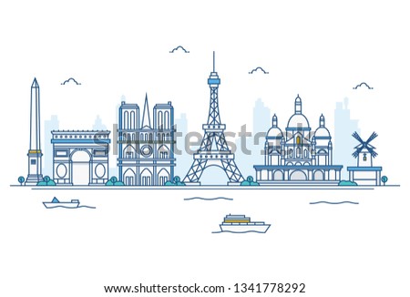Vector cartoon illustration of Paris skyline. Isolated on white background. 
