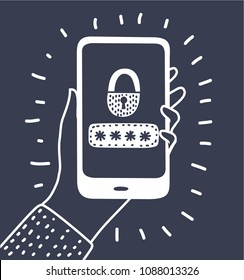 Vector cartoon illustration of password protection icon, password design. Black and white outline illustration on dark background. Human hand hold smartphone.