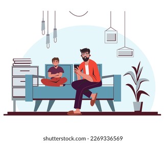 Vector cartoon illustration of Paternity. Cheerful smiling laughing father and son in living room. Talking vector illustration scene.  Family Characters Dads