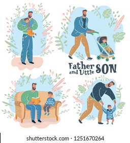 Vector cartoon illustration of Paternity. Father walk with son in stroll, read farytale, help to try walk, first steps toddler, give hug.