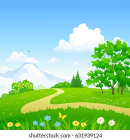 Vector Cartoon Illustration Of A Pathway In A Green Spring Forest, Square Landscape