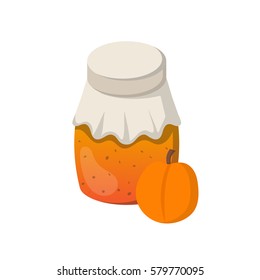Vector cartoon illustration with peach jam jar. Sweet jelly marmalade glass bottle. Homemade sugar preserves icon. Fruit food object