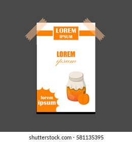 Vector cartoon illustration with peach jam jar. Sweet jelly marmalade glass bottle. Homemade sugar preserves icon. Fruit food object