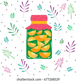 Vector cartoon illustration with peach jam jar. Sweet jelly marmalade glass bottle. 