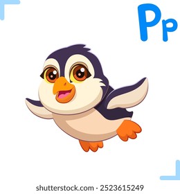 Vector cartoon illustration of a penguin with letter "P" - design for English alphabet for children. Collection of cute animals and letters.