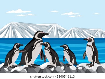 A vector cartoon illustration of a penguin standing on a piece of ice in the Arctic