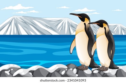 A vector cartoon illustration of a penguin standing on rocks in the Arctic