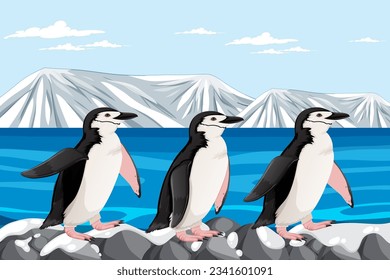 A vector cartoon illustration of a penguin standing on rocks in the Arctic