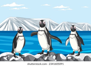 A vector cartoon illustration of a penguin standing on rocks in the Arctic