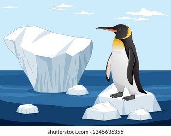 A vector cartoon illustration of a penguin standing on a sheet of ice in the Arctic