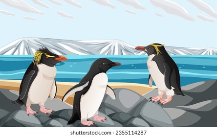 A vector cartoon illustration of a penguin standing on a piece of ice in the Arctic