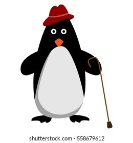 Vector Cartoon Illustration of a Penguin Wearing a cap and Holding a Walking Stick