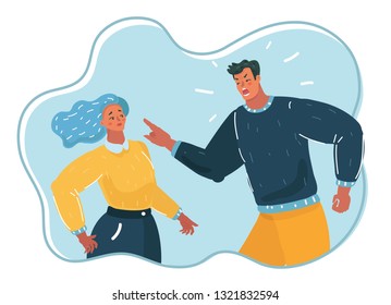 Vector cartoon illustration of people. Aggressive man yelling at woman, angry husband, psychological pressure, violence, unbalanced man.