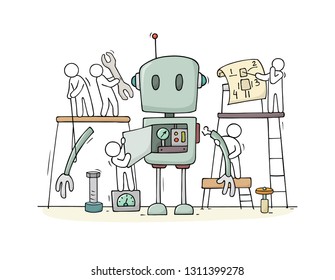 Vector cartoon illustration - people and assembled cute robot construction. Technical illustration about future technology.