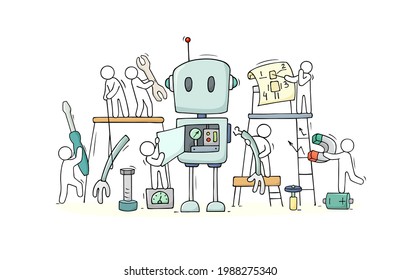 Vector cartoon illustration - people and assembled cute robot construction. Technical illustration about future technology.