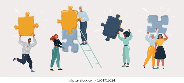 Vector cartoon illustration of people with big pieces of puzzle in them hands. Group, team. Man and woman.