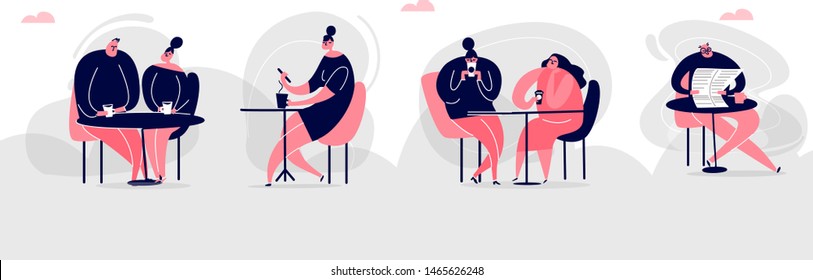 Vector cartoon illustration of people in cafe, drinking tea and coffee. Web banner