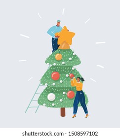 Vector cartoon illustration of people decorated christmas tree, Man and woman celebrating christmas party. Human character on white background.