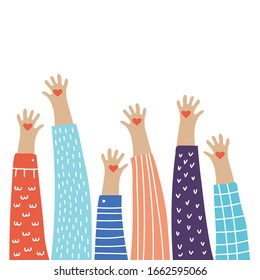 Vector cartoon illustration of people gathering hands