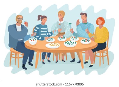 Vector cartoon illustration of people group, office workers or friens spending lunch time and having lunch, sitting at the table.