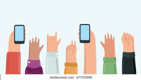 Vector cartoon illustration of People Hands up on music show with Smart Phone Camera Taking Picture Crowd, variety gestures.