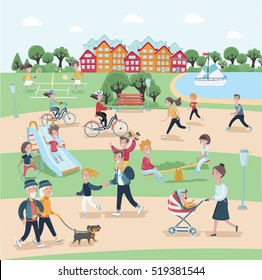 Vector cartoon illustration of people having activities in the park with rest. This content have detail of people activities in the park and rest with learn in park and use for advertising