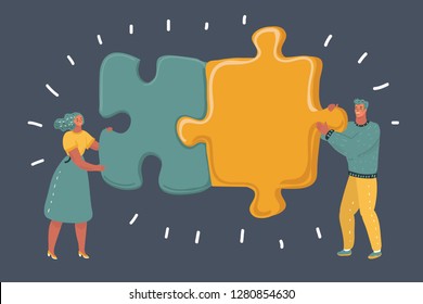 Vector cartoon illustration People and Jigsaw Puzzle Pieces. Man and woman connect big giant parts to each other. Human characters on dark bakcground.