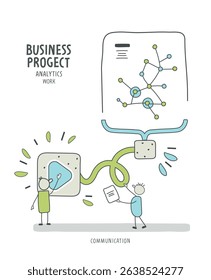 Vector cartoon illustration of people launching projects, studying business issues. Business concepts of analytics, planning, marketing research, work communication, goal settings. 