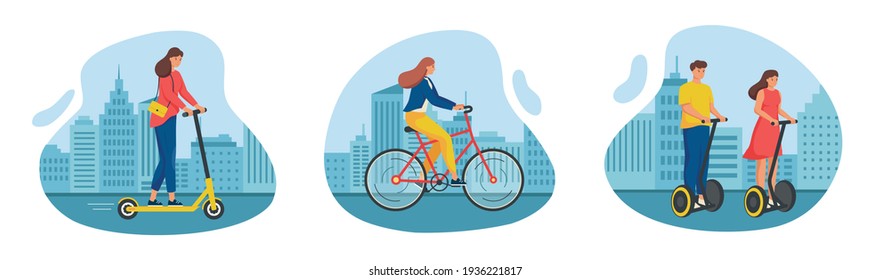 Vector cartoon illustration of people rolling on electric scooter, bike and balance bike. Ecological alternative transport concept