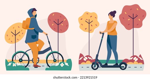 Vector cartoon illustration of people rolling on electric kick scooter and bike. Ecological alternative transport concept illustration set.