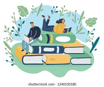 Vector cartoon illustration of People sitting and reading on a huge pile of books. Education and knowledge concept.