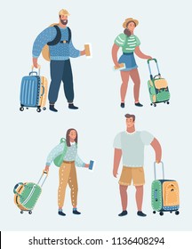 Vector Cartoon Illustration Of People Traveling Set. Man And Woman With Luggige And Traveler Bags, Pasport And Boarding Passes. Holiday Or Vacation Trip. Human Characters On White Background.